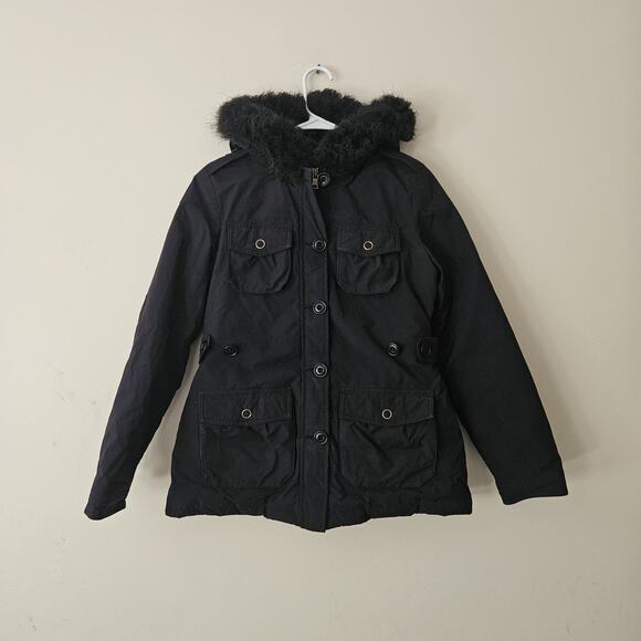 Banana Republic Women Black Solid Faux Fur Hooded Parka Jacket Down Size Small - Picture 1 of 6